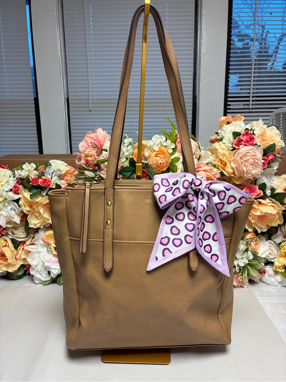 Relic Faux Leather Structured Tote Bag Taupe Brown Gold Hardware Shoulder Purse